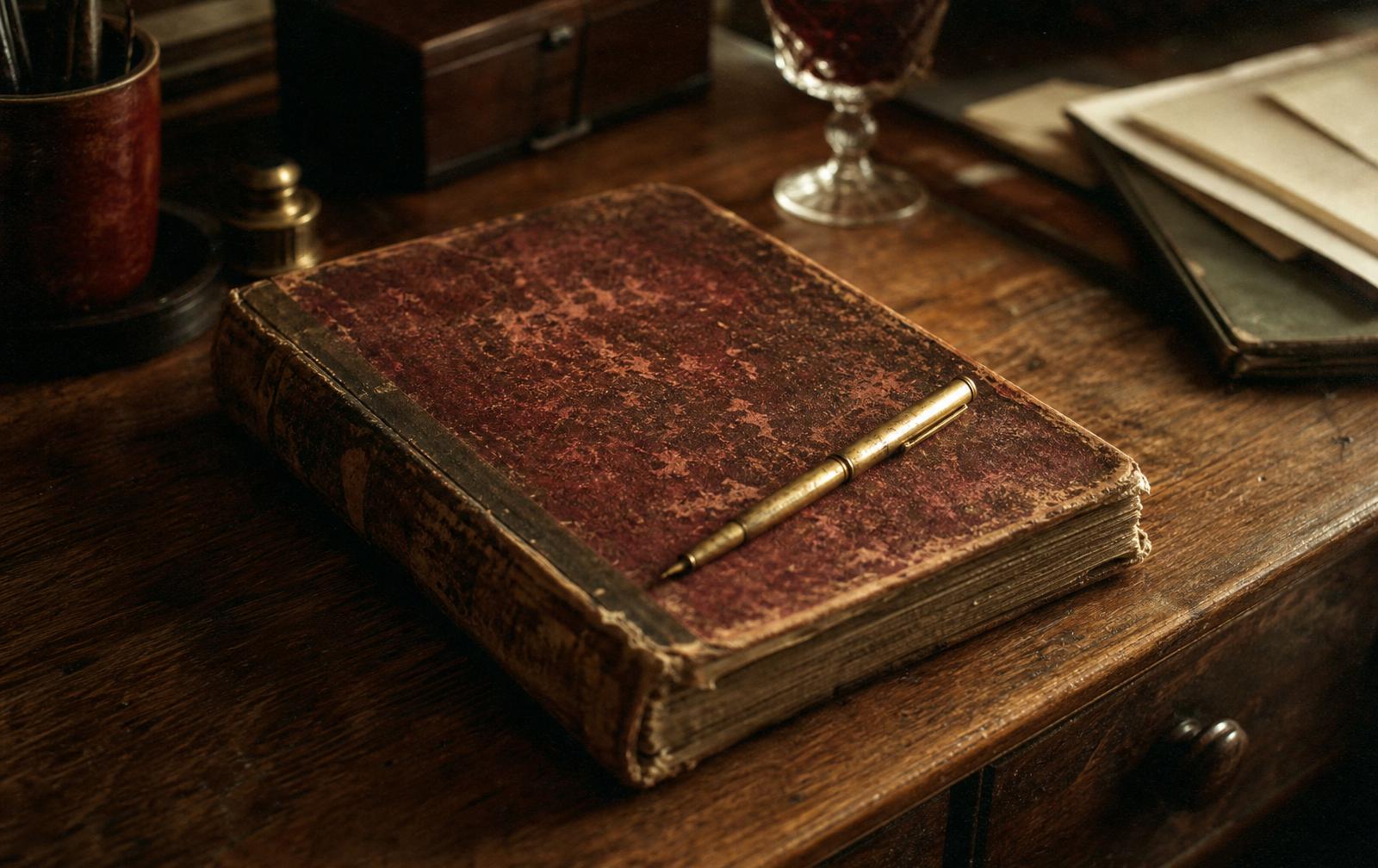 A worn red leather-bound ledger with a brass pen resting on a warm wooden desk