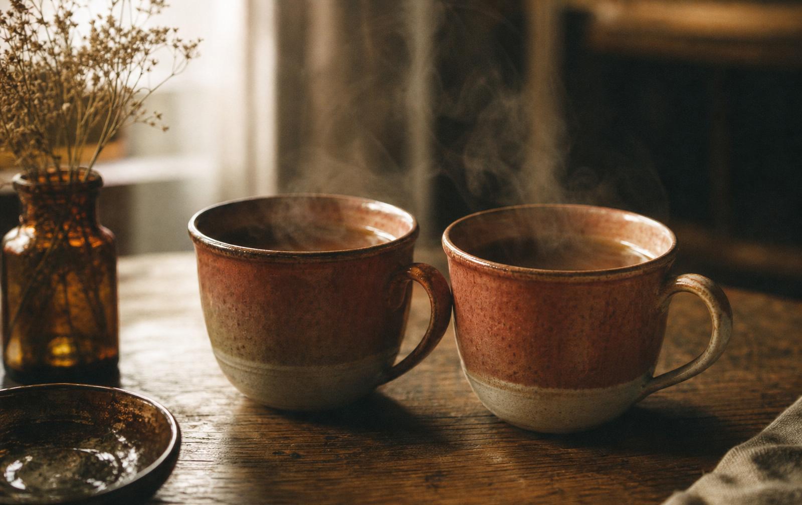 Two steaming ceramic teacups on a shared wooden table