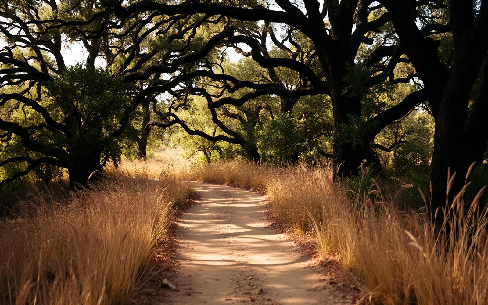A dirt trail curving out of frame through open oak woodland with dry grasses lining the path