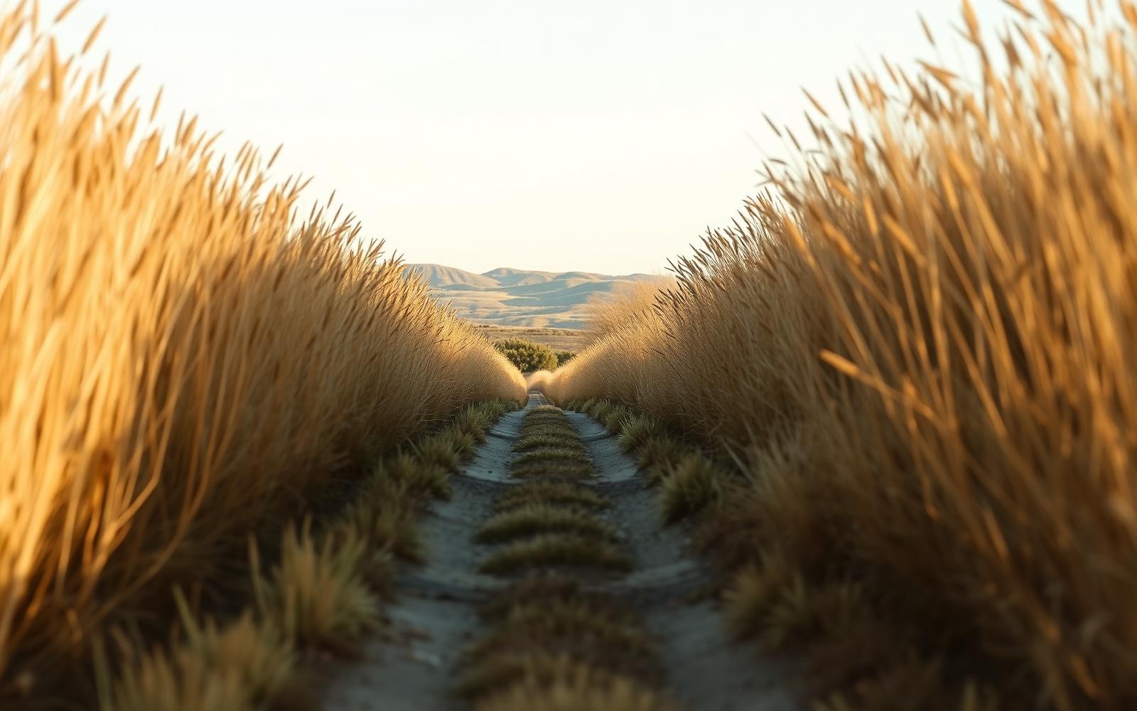 A narrow footpath disappearing toward the horizon between banks of tall golden grasses under open sky