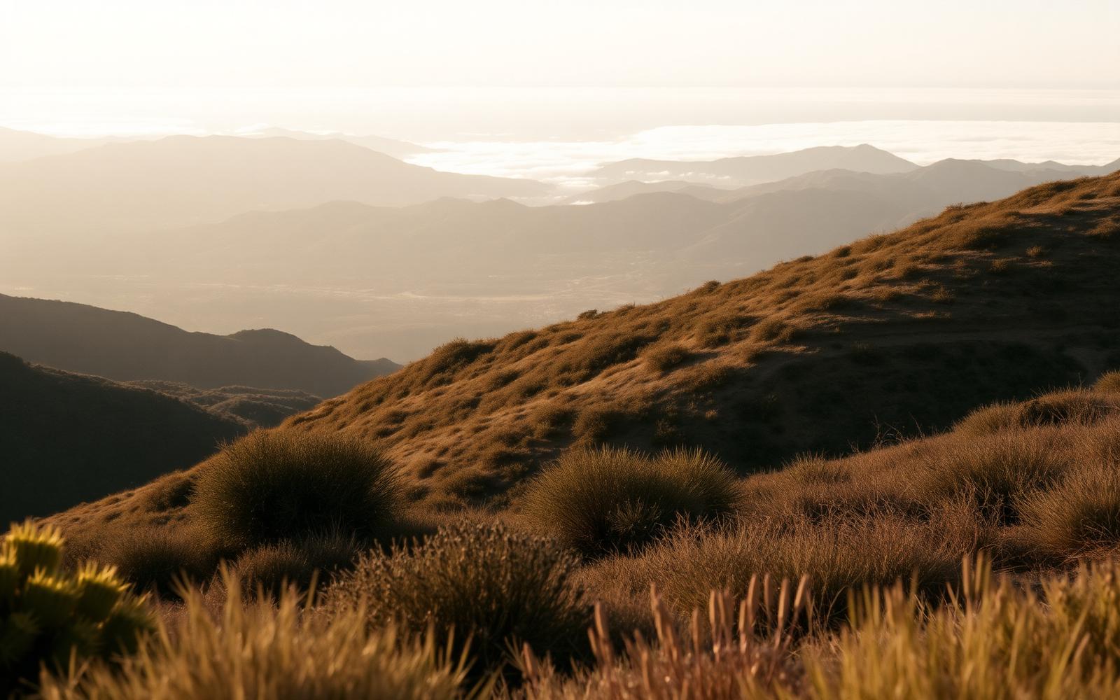 Chaparral hillside overlooking distant coastal marine fog with sage brush in the foreground