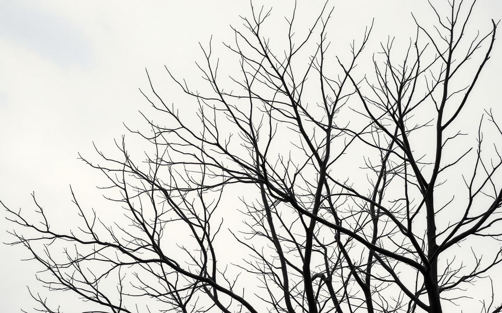 Bare winter branches against a soft overcast sky in a minimal, quiet composition