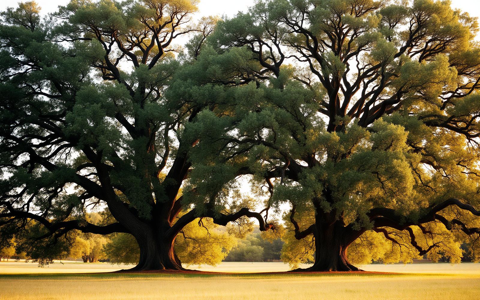 Two mature oak trees grown side by side in an open meadow with their canopies meeting overhead
