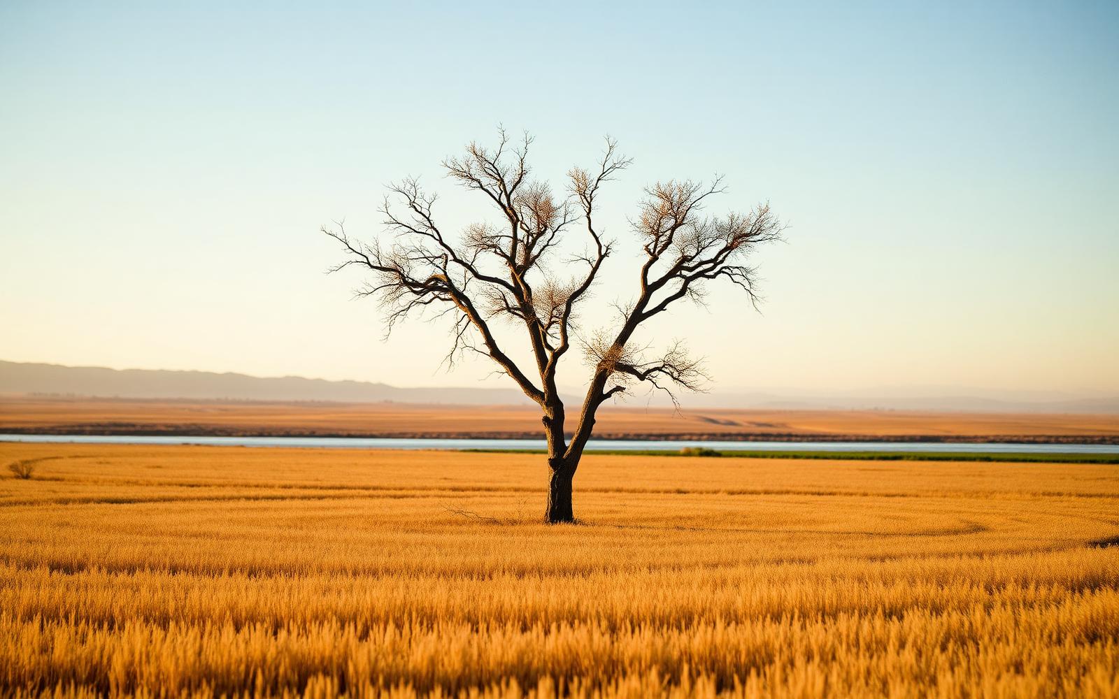 A single bare valley oak in a flat golden field beside a slow river of the Sacramento delta