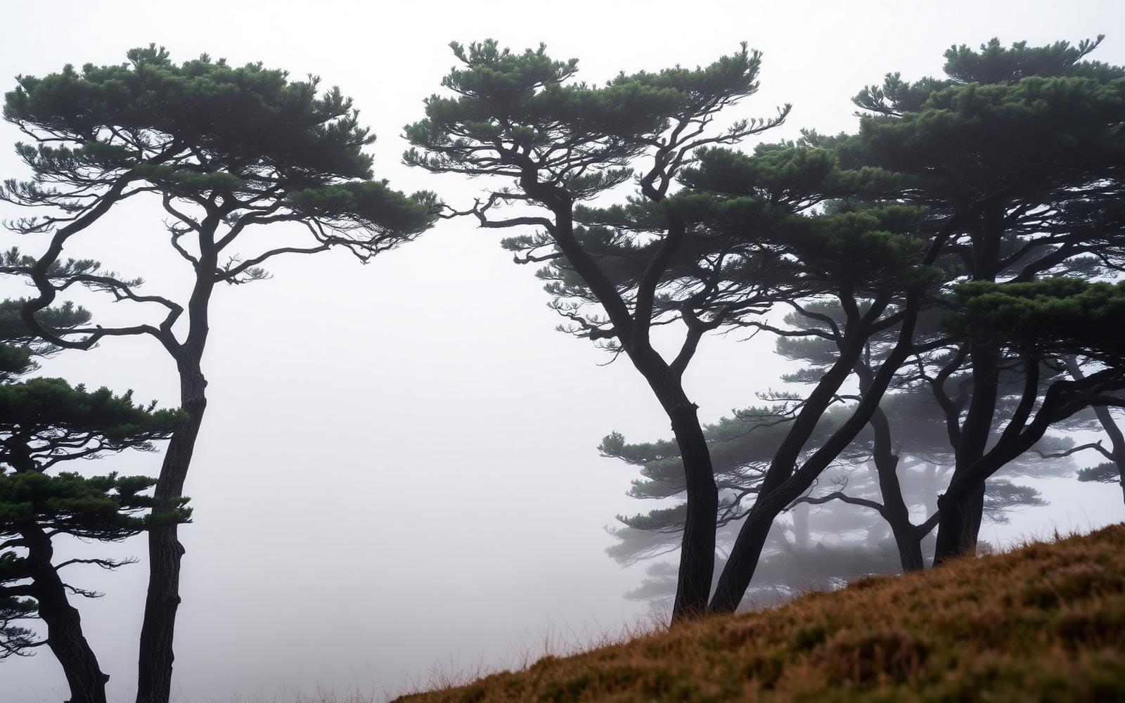 Coastal Monterey cypress trees bent by wind on a foggy Bay Area headland