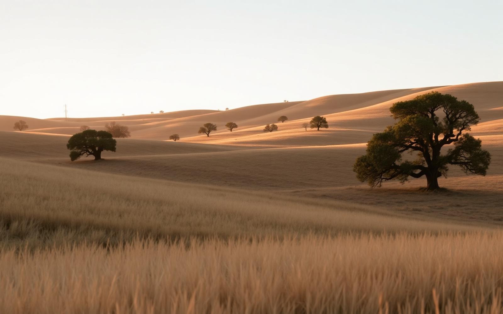 Open rolling Northern California hills at golden hour with scattered oak trees and long raking light