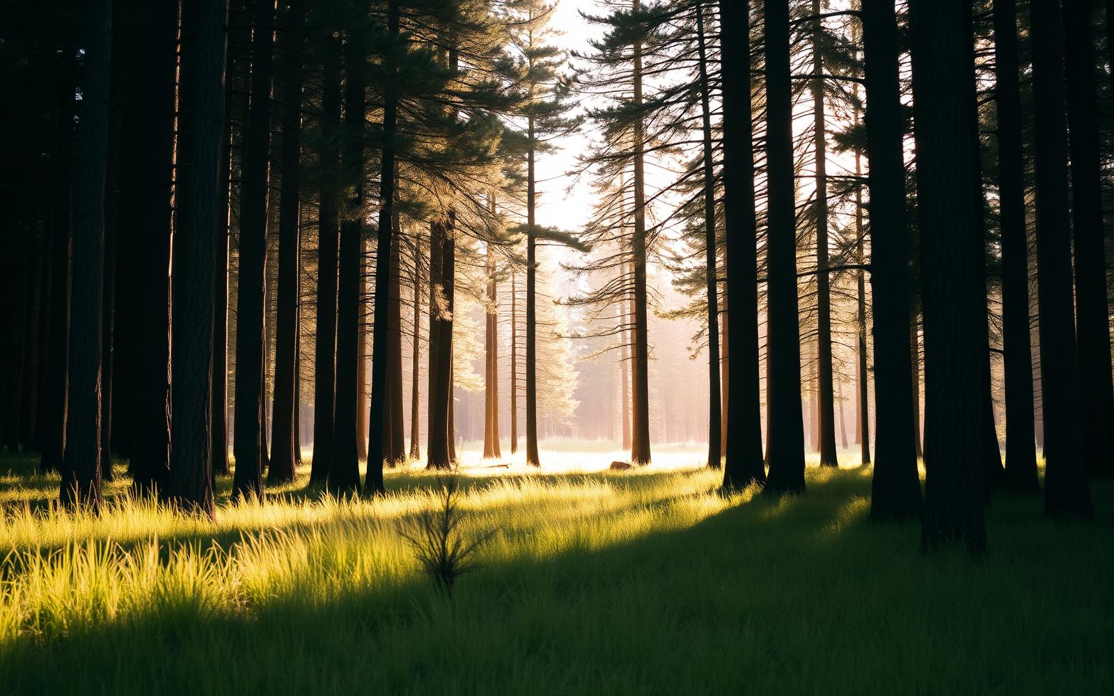 A grassy clearing opening out of a stand of dense pines with sunlight breaking through the trunks